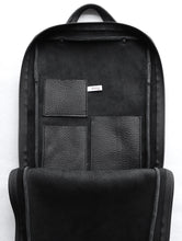 Load image into Gallery viewer, Fig backpack frrry black. inside view. three pockets. double finished leather.