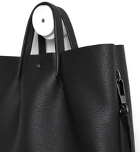 Load image into Gallery viewer, Monday frrry tote bag. shoulder strap. black. detail view. snap hook. ring .