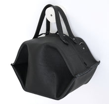 Load image into Gallery viewer, pumpkin frrry. foldable bag. black leather. side view. shoulder strap.