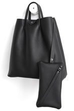 Load image into Gallery viewer, Monday frrry tote bag. shoulder strap. black. small clutch included. pockets