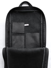 Load image into Gallery viewer, Fig backpack frrry black. inside view. three pockets. double finished leather.
