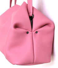 Load image into Gallery viewer, owl frrry bag leather. pink. side view. owl face. folded corners. construction.
