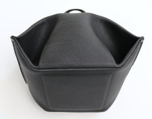 pumpkin frrry. foldable bag. black leather. bottom view. reinforced bottom. strong construction.