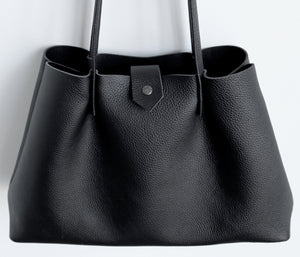 Amos frrry shoulder bag long handle black lindos calf leather. view from above. carry all totebag